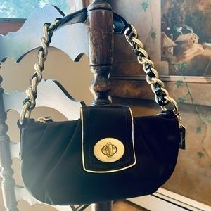 💙 Coach Black Satin Shoulder Bag Crushed Patent Chunky Gold Chainlink Strap✨NWT